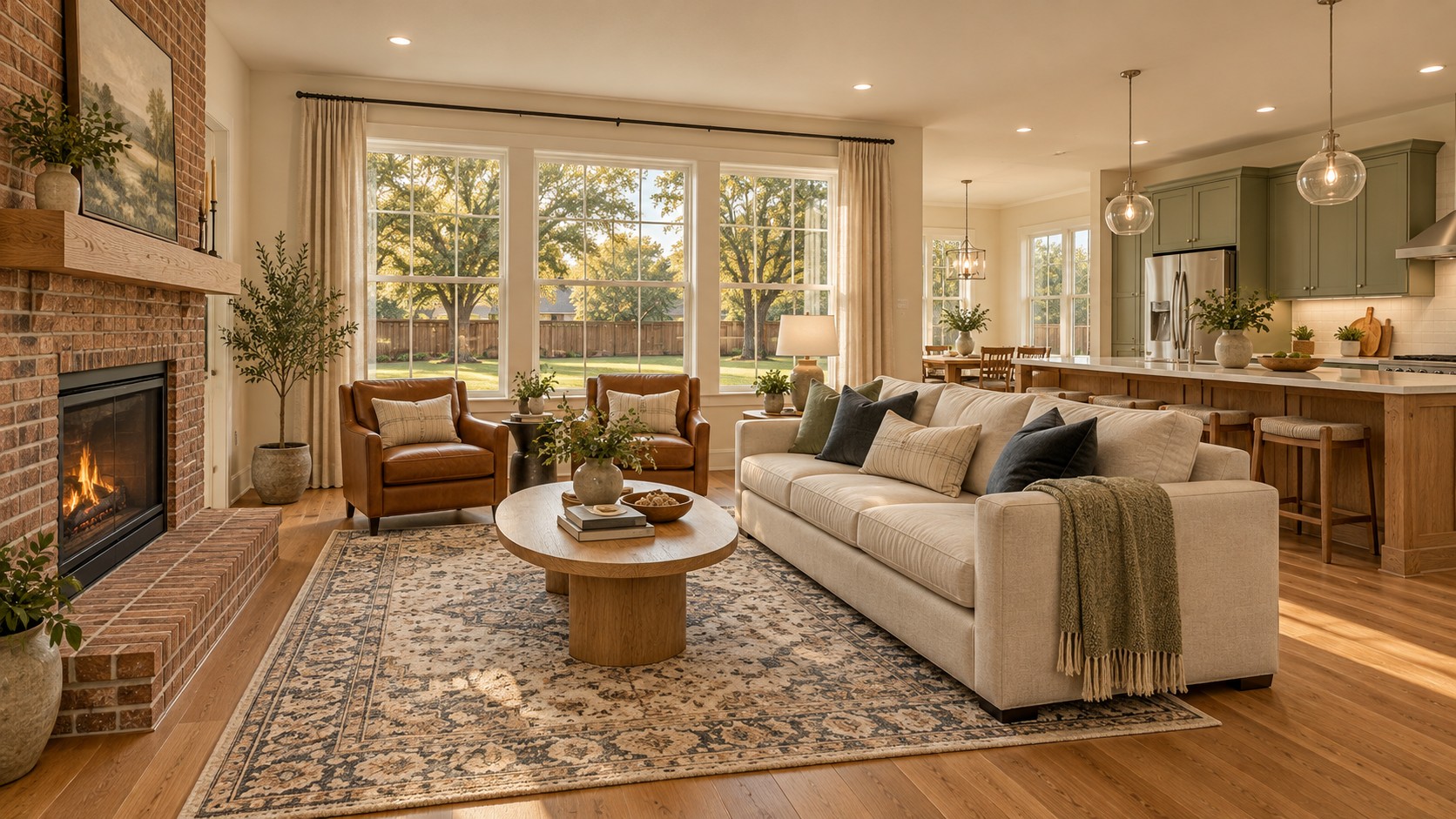 Living room with brick fireplace and open kitchen
