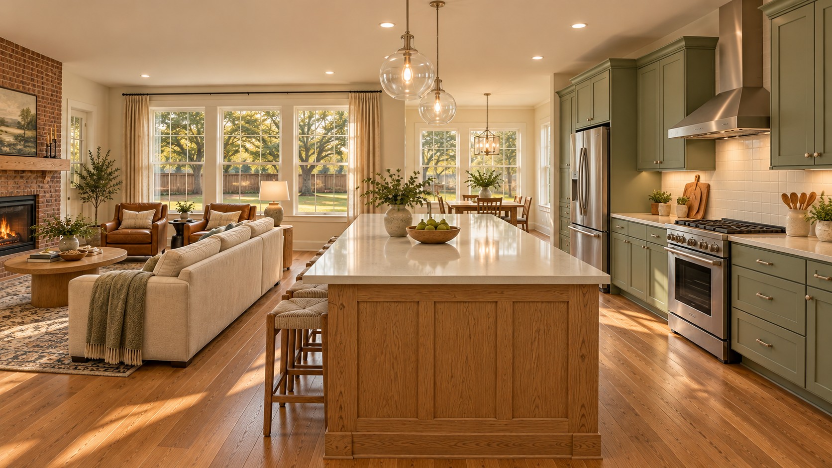 Kitchen with green cabinetry and a wood island