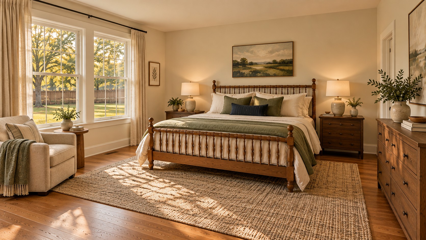 Bedroom with warm wood furniture and sunlit windows