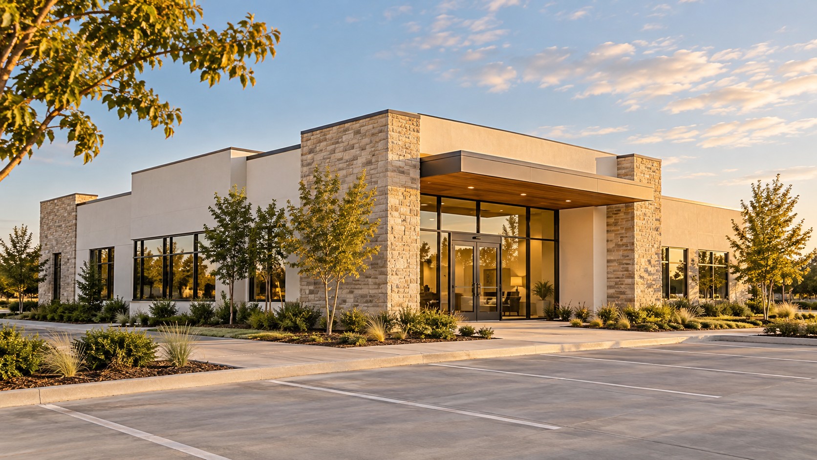 Modern commercial office exterior with stone entry