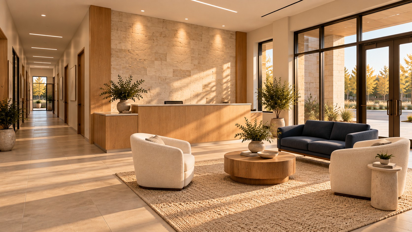 Office reception with seating and natural light