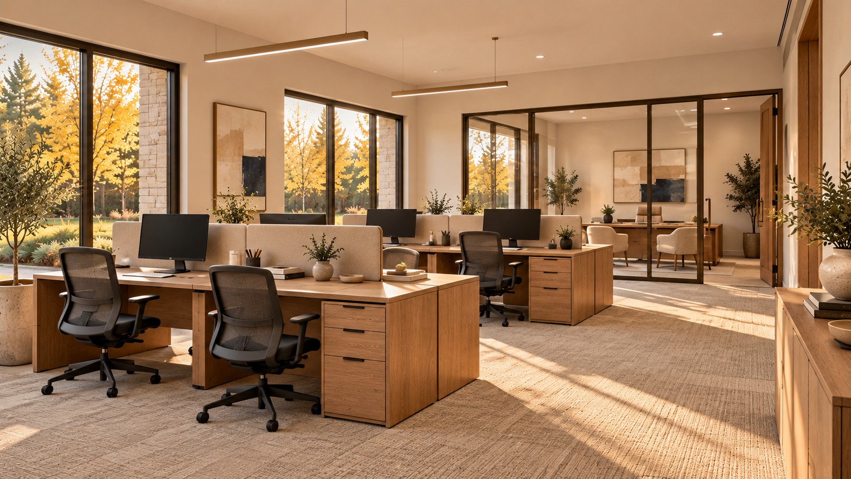 Open office workspace with wood desks