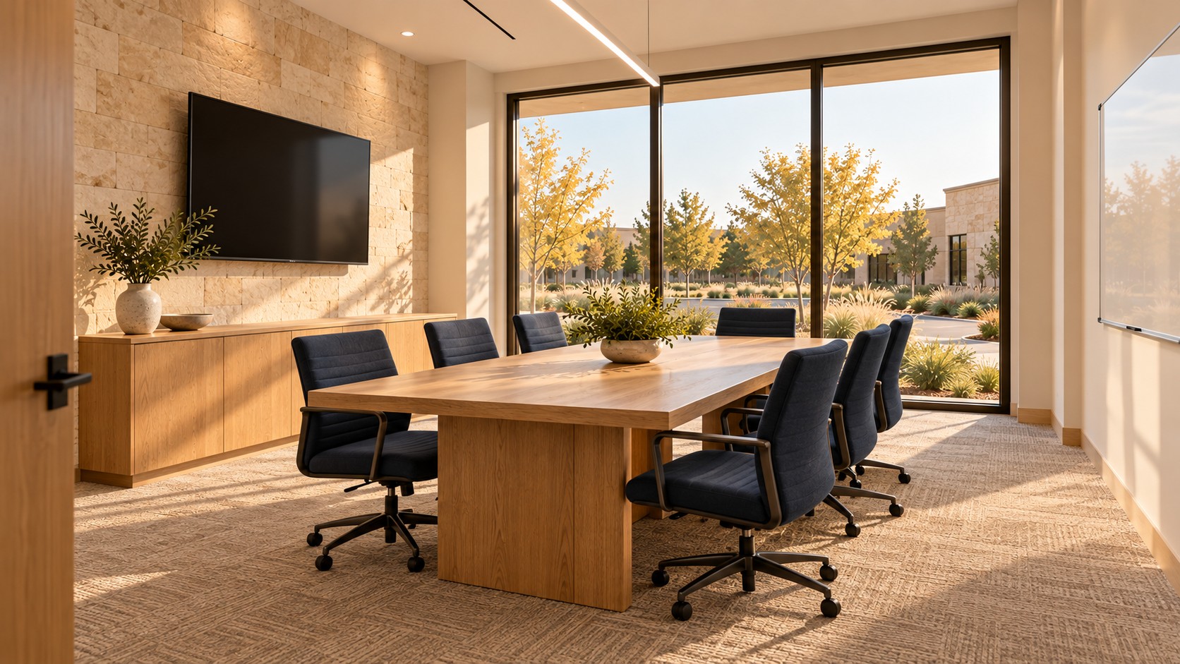 Conference room with large windows and meeting table