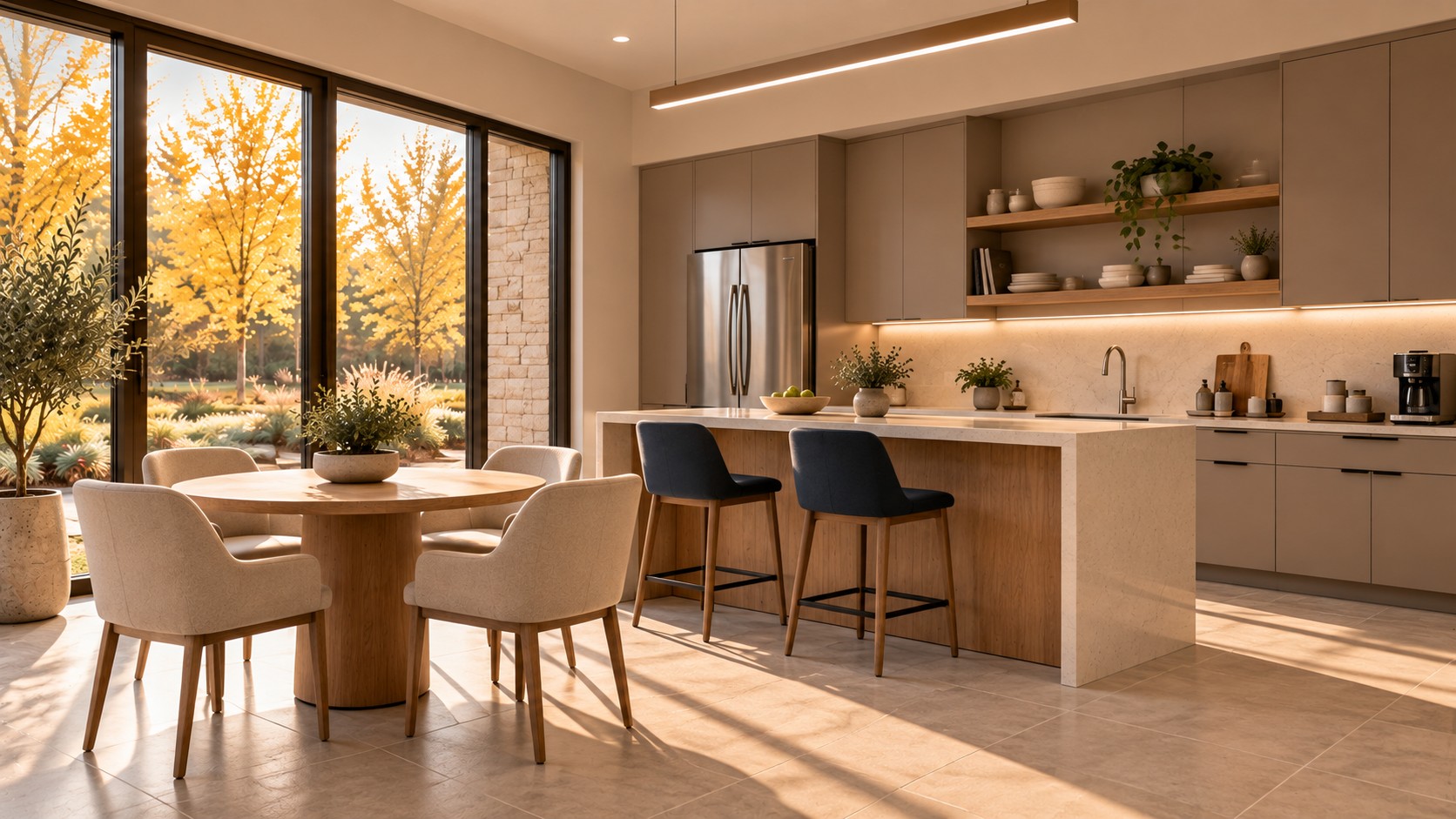 Office break room with kitchenette and seating