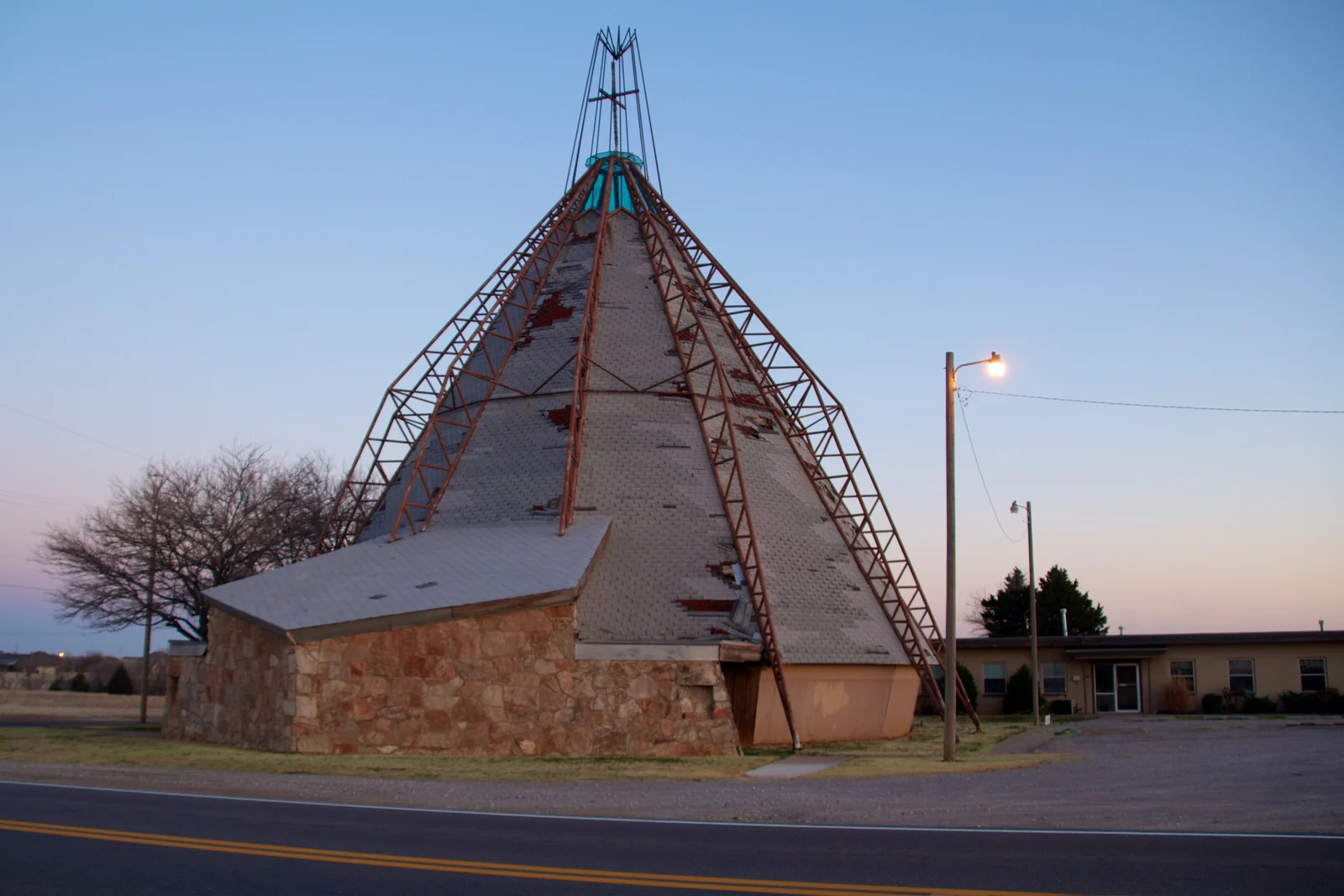 Bruce Goff’s historic Hopewell church at sunrise in the Deer Creek area