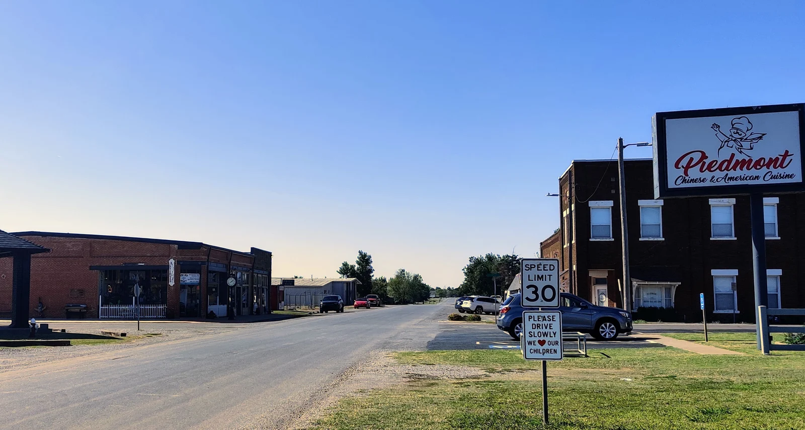 Historic downtown storefronts in Piedmont, Oklahoma