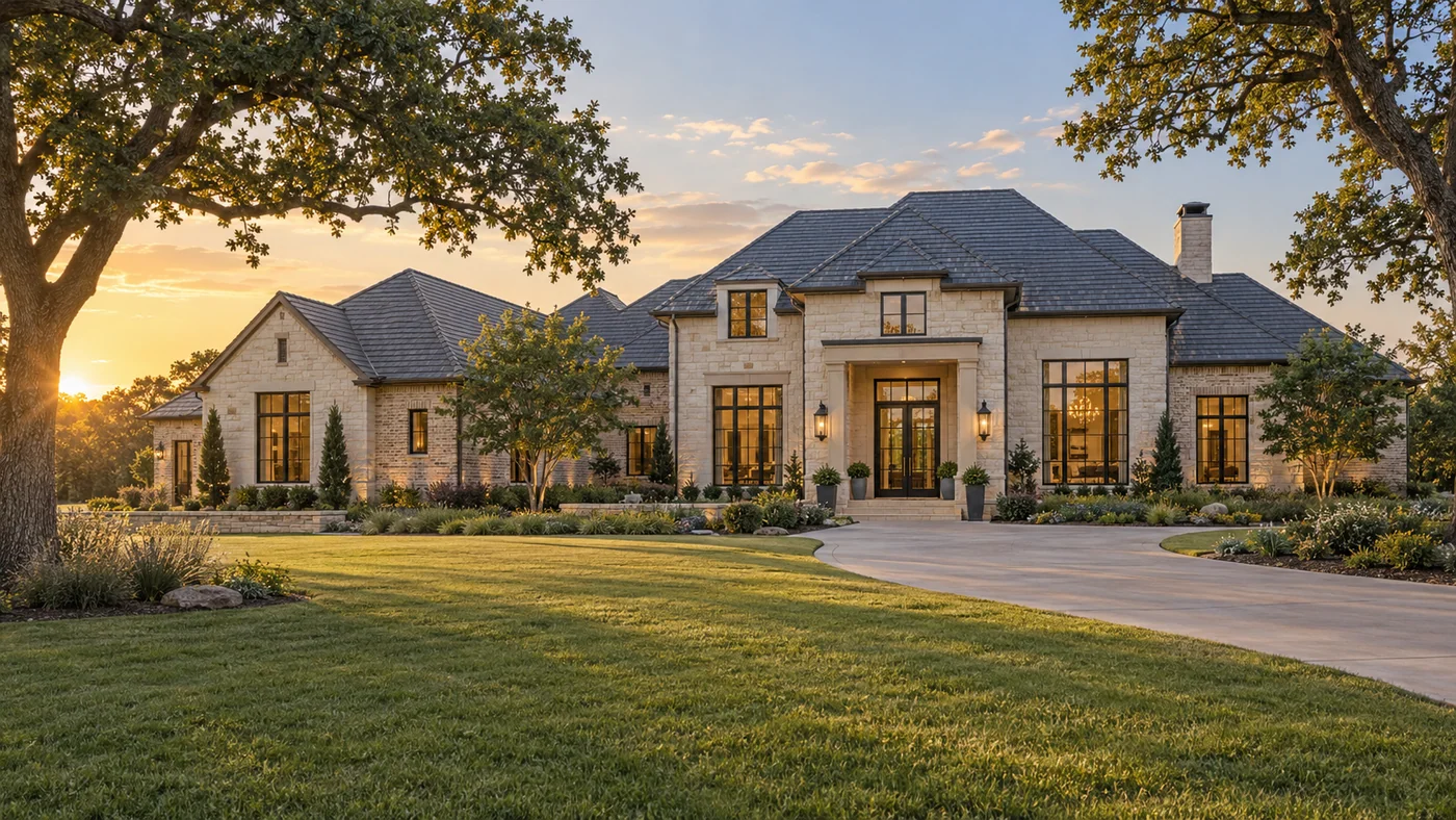 Home architecture and landscaped grounds