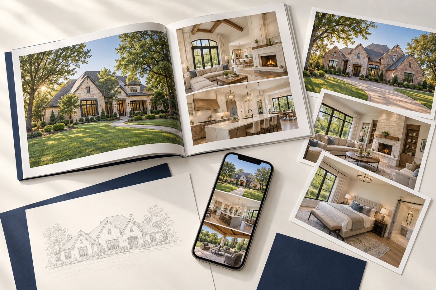 Coordinated property presentation concept with a brochure, phone and home photographs