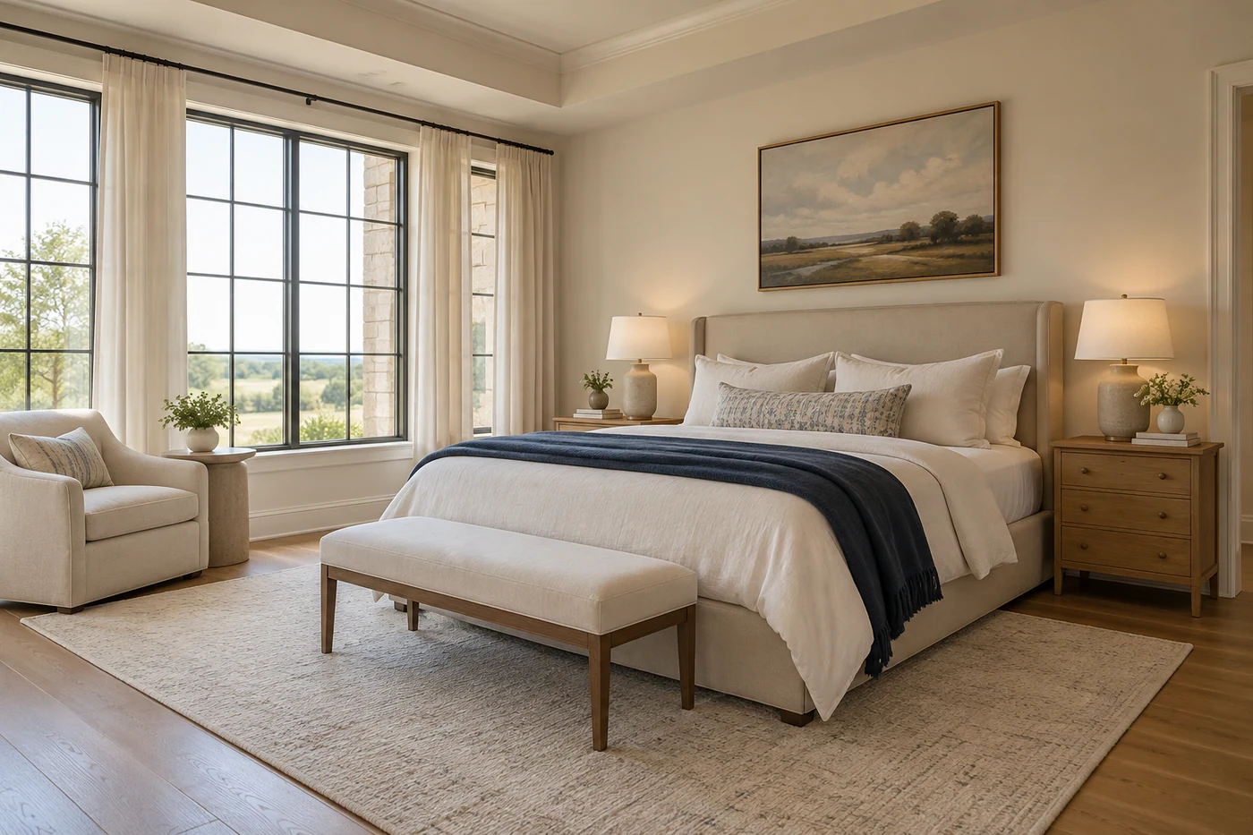 Calm bedroom with ivory linens, warm oak bedside tables and a neatly folded navy throw