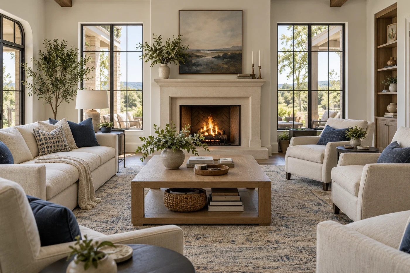 Light-filled living room with warm wood and navy accents