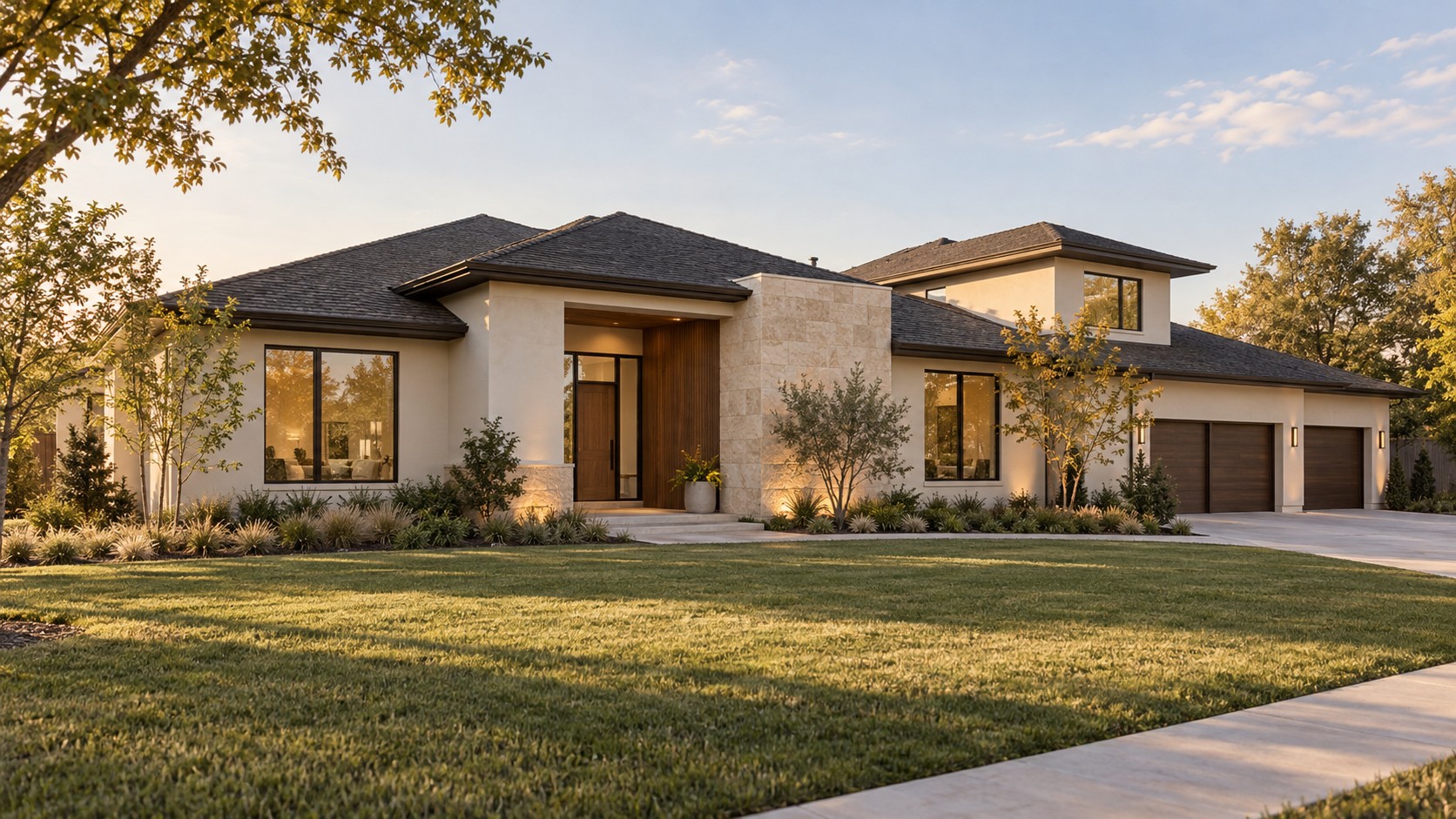 Modern home exterior with stone and stucco finishes