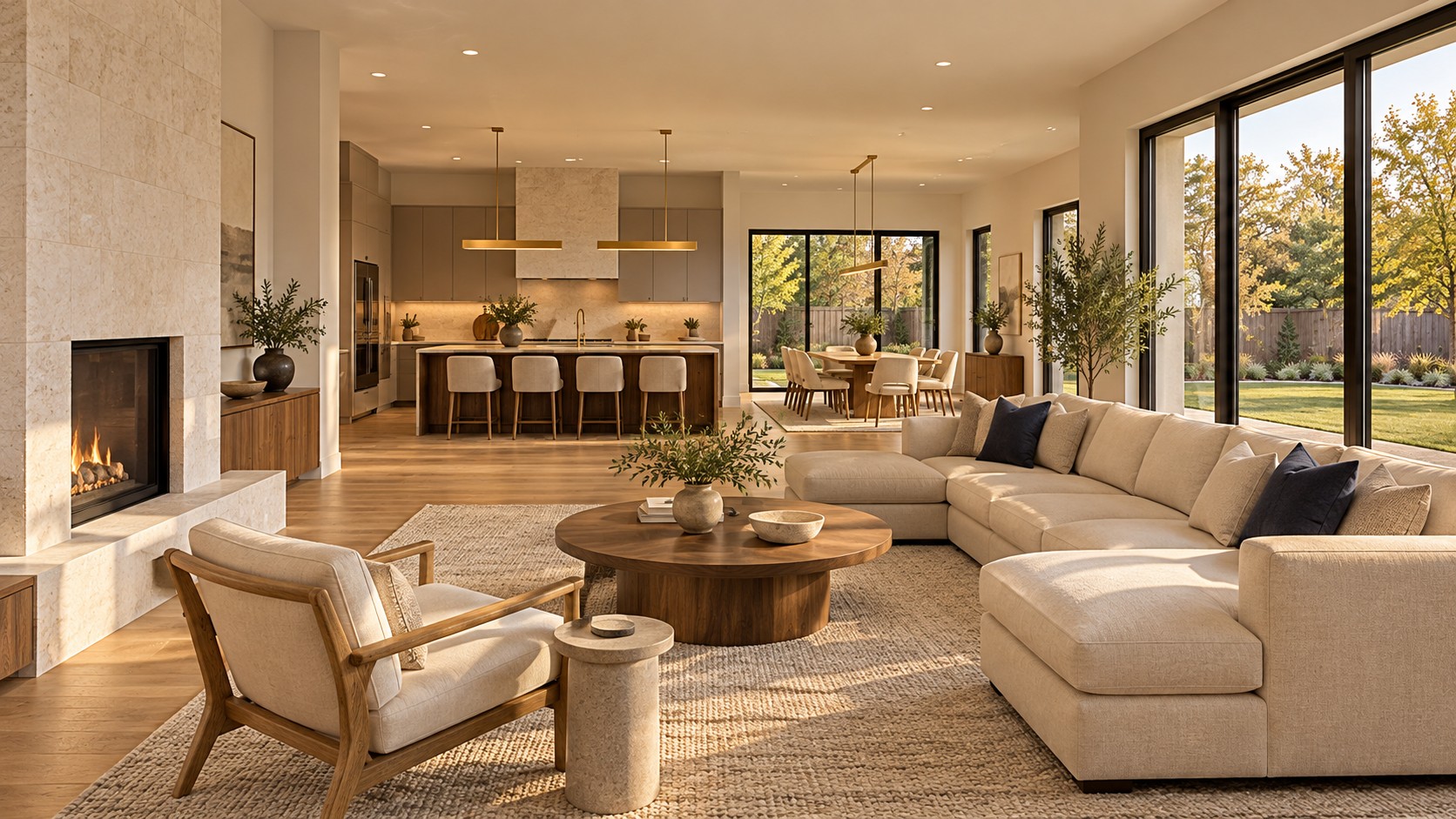 Open living room with fireplace and expansive windows
