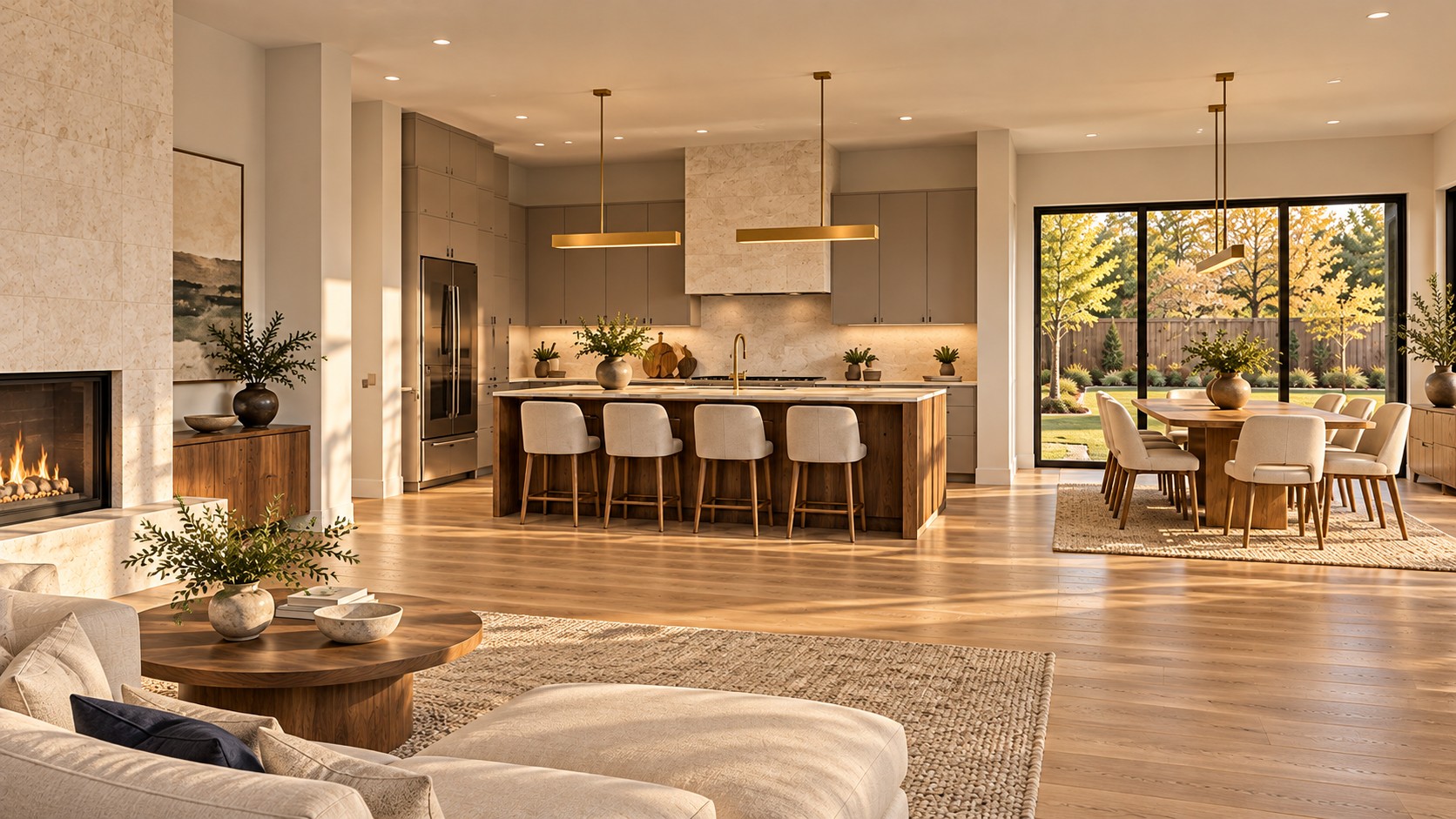 Kitchen with wood island and warm neutral cabinetry
