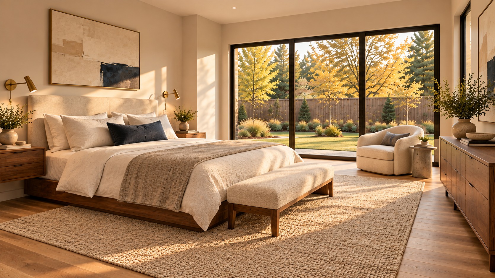 Primary bedroom with large garden-facing windows