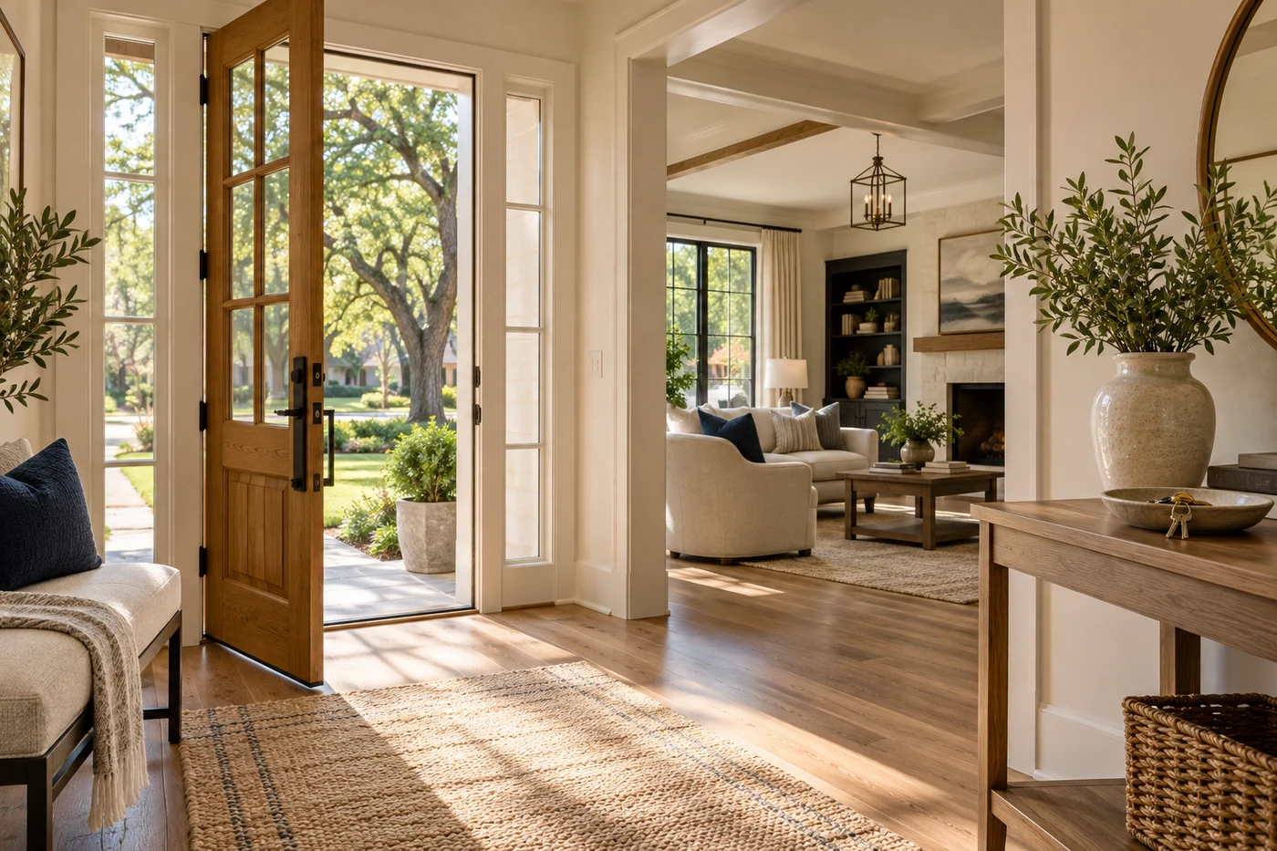 Welcoming home entry with an oak door, soft natural light and warm interior details