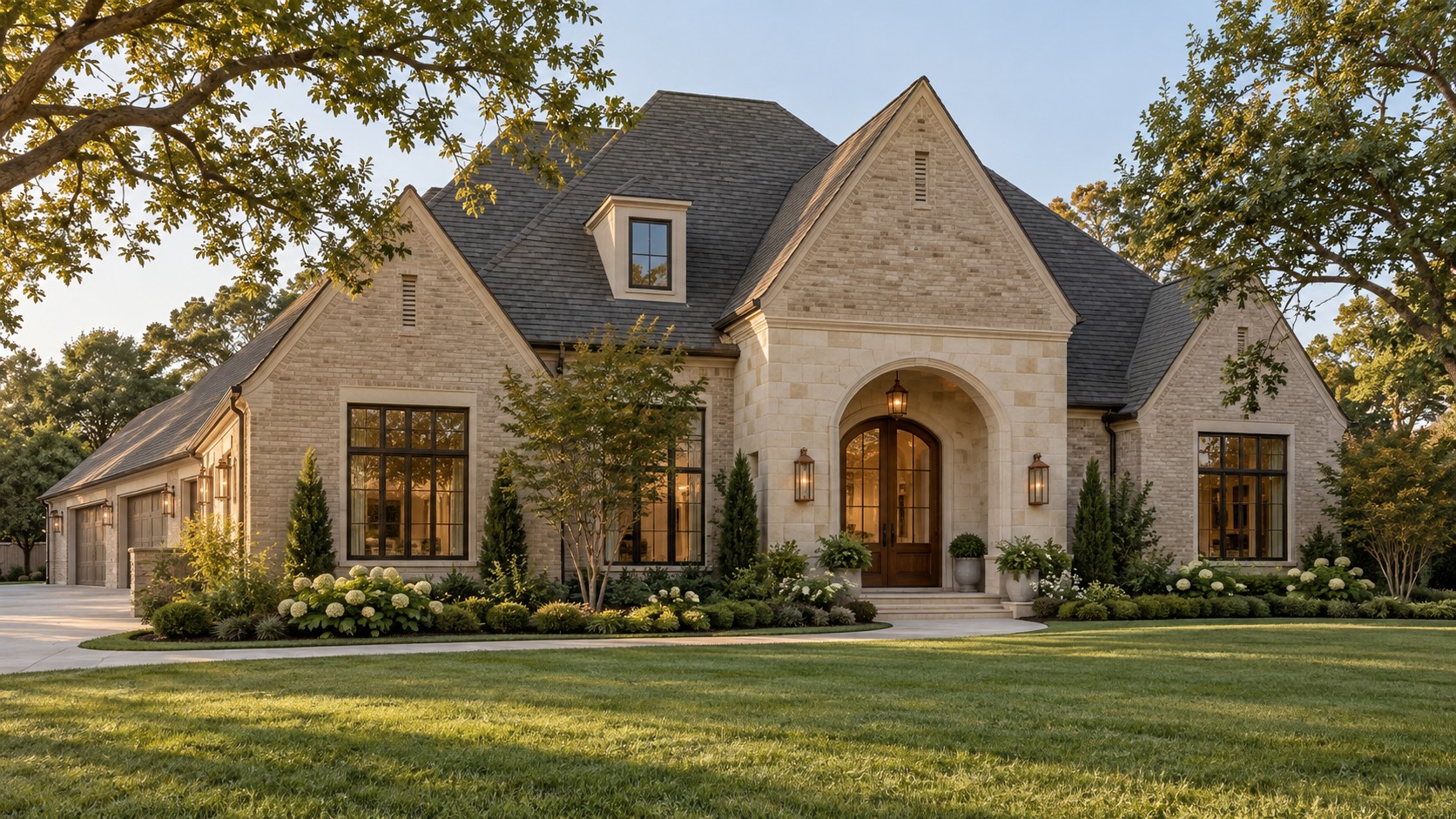 Brick home exterior with landscaped front yard