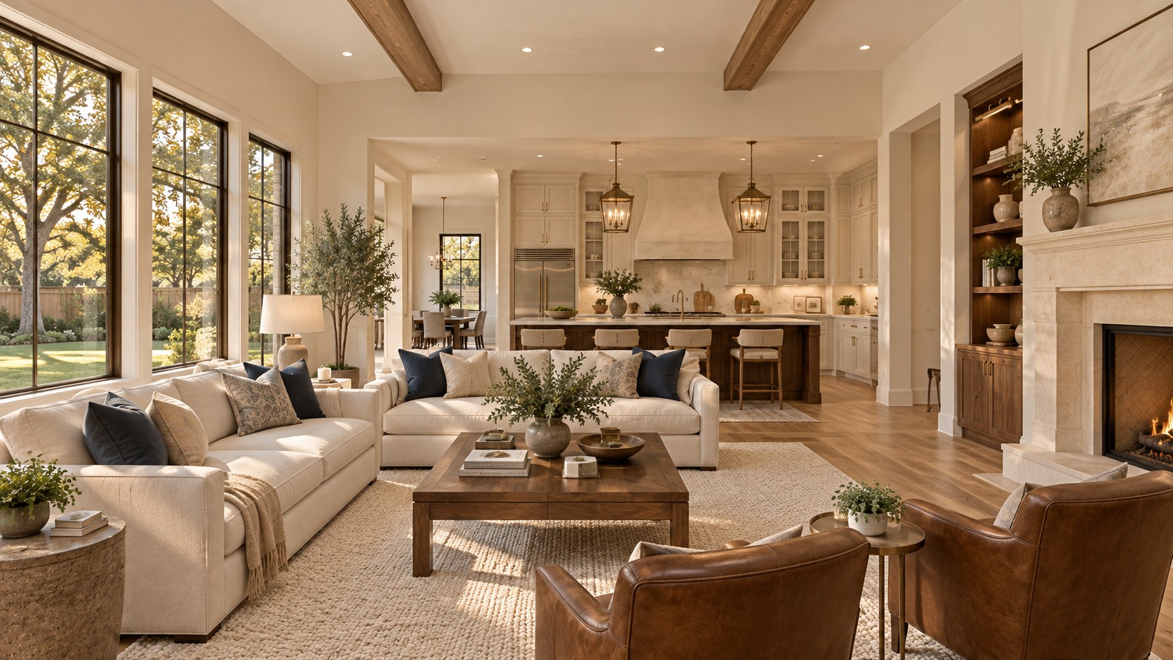 Living room with fireplace and expansive windows