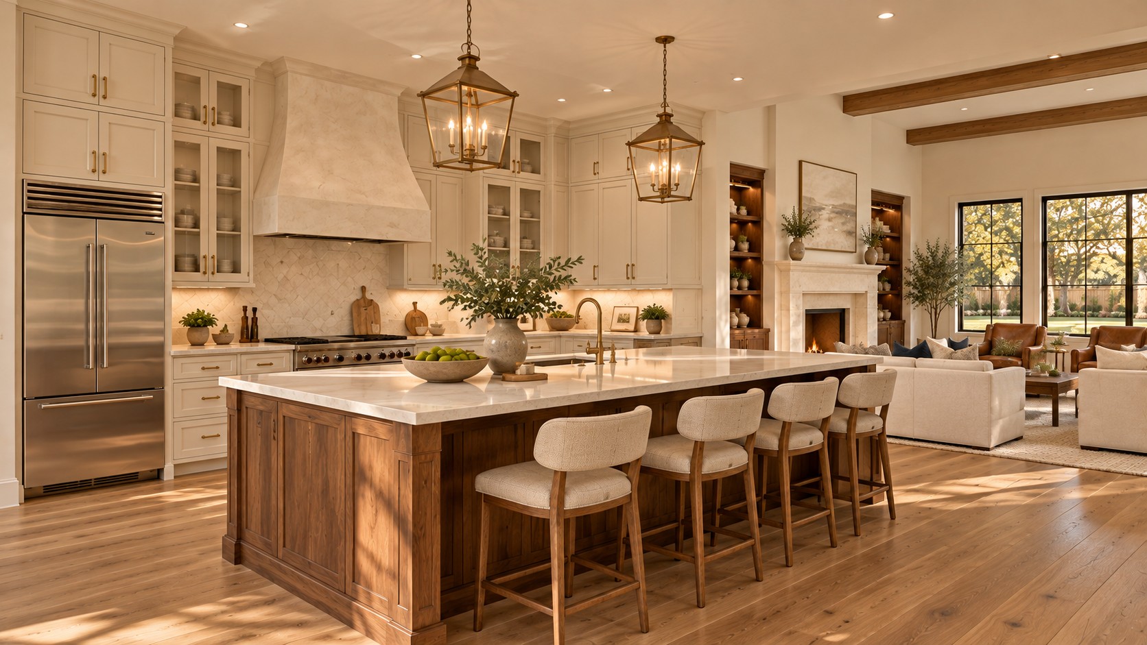 Kitchen with an island and warm natural light