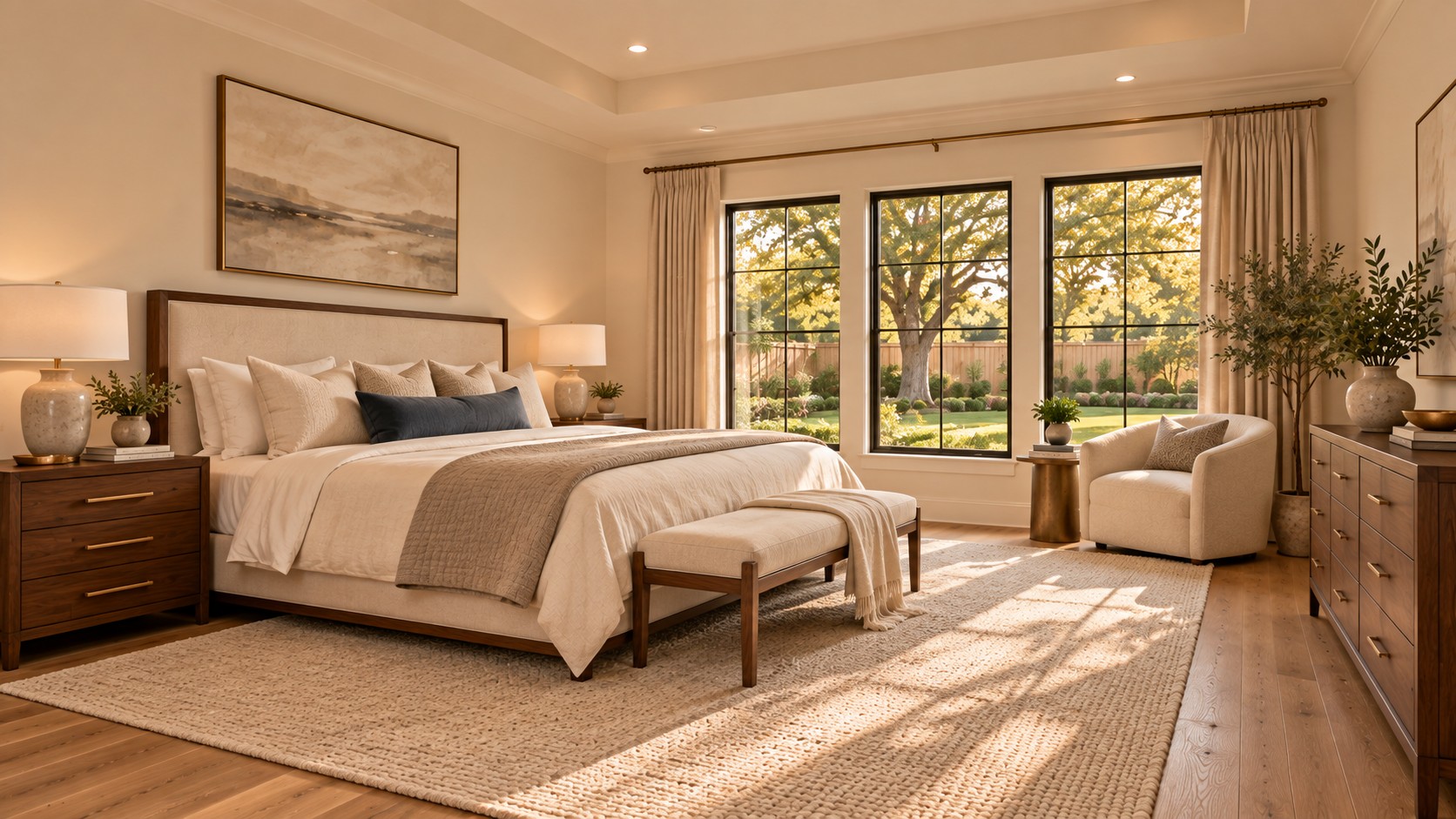 Bedroom with warm furnishings and natural light
